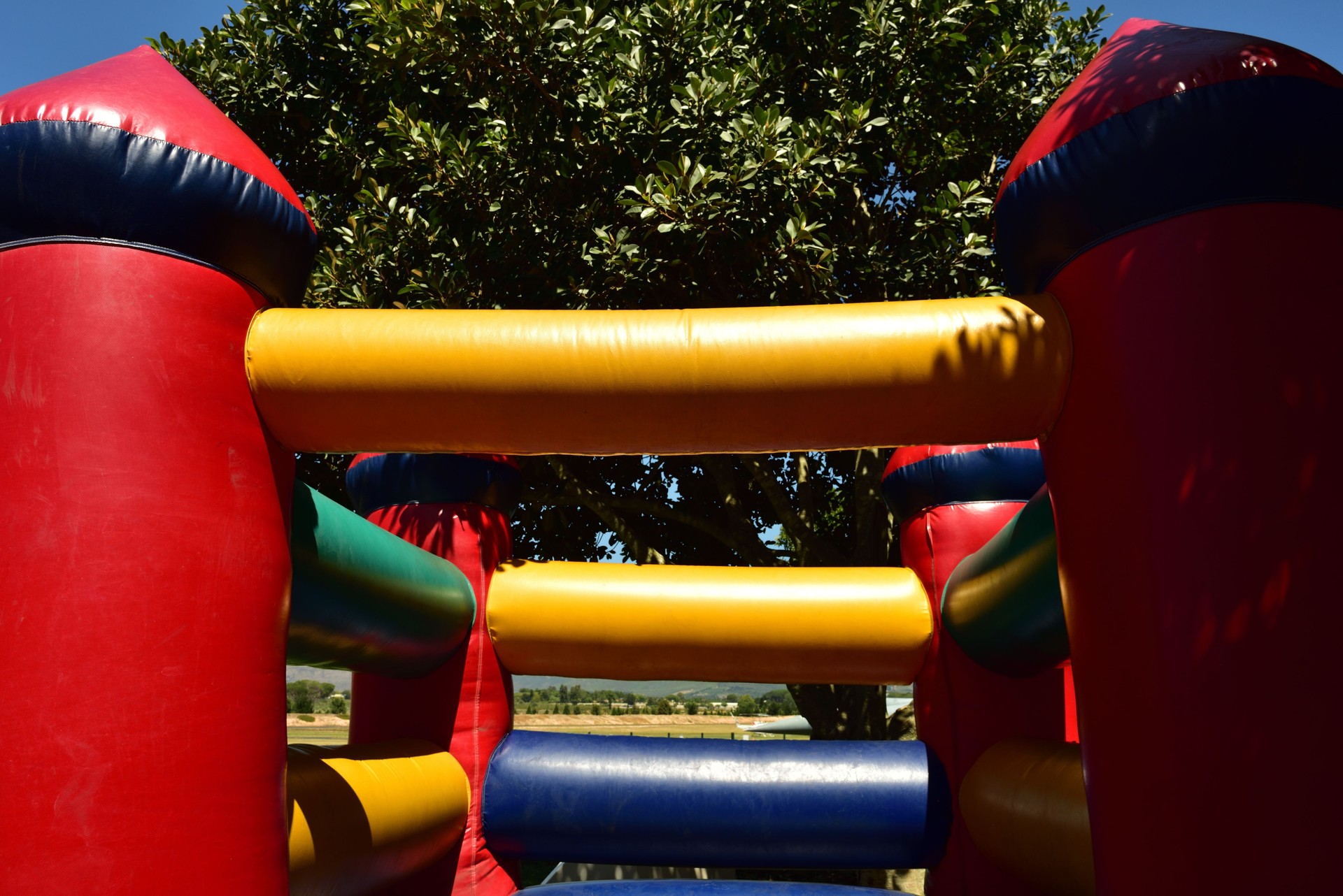 A jumping castle placed under an old oak tree