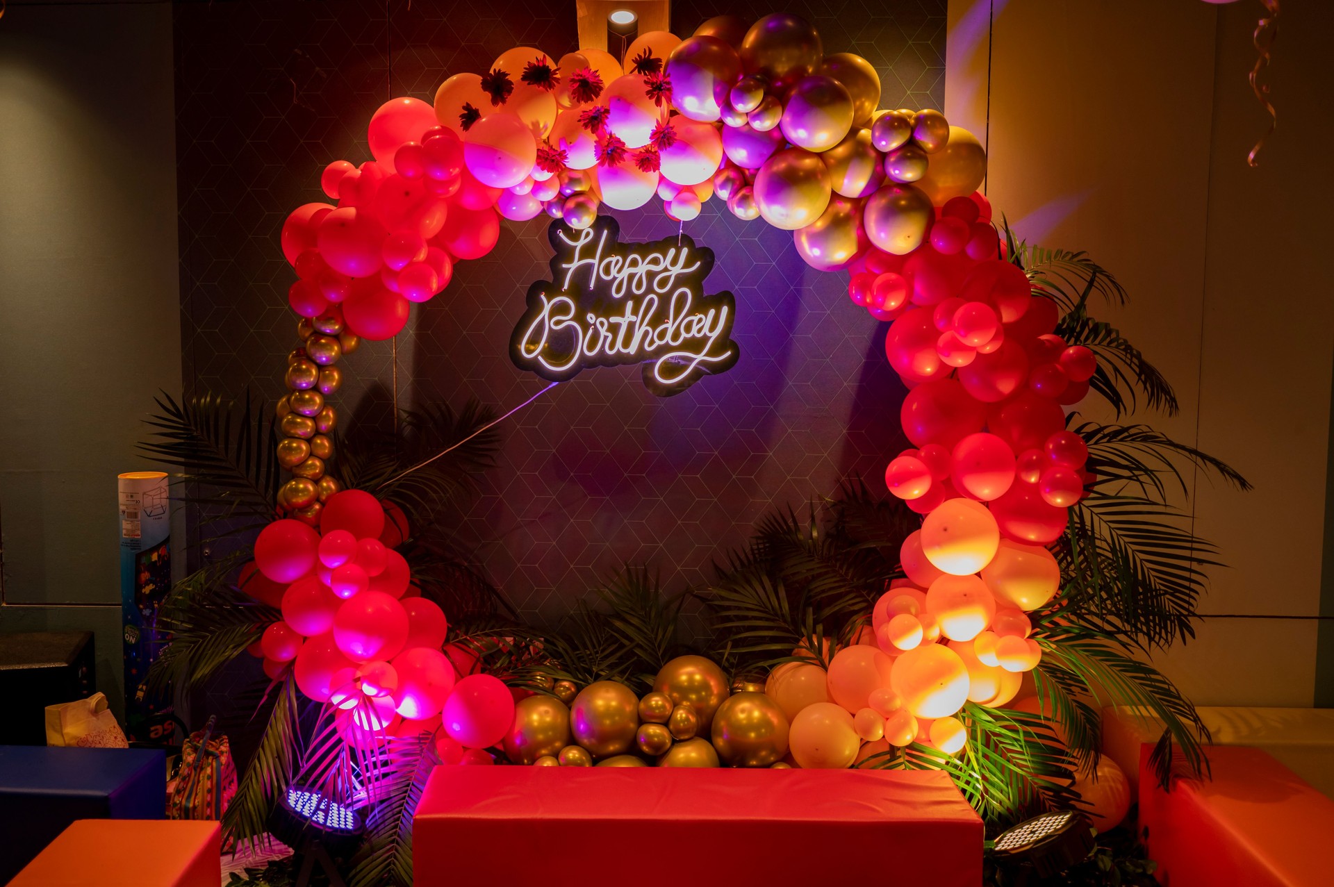 Happy Birthday background decoration with balloons and lights for birthday celebration stock full photo