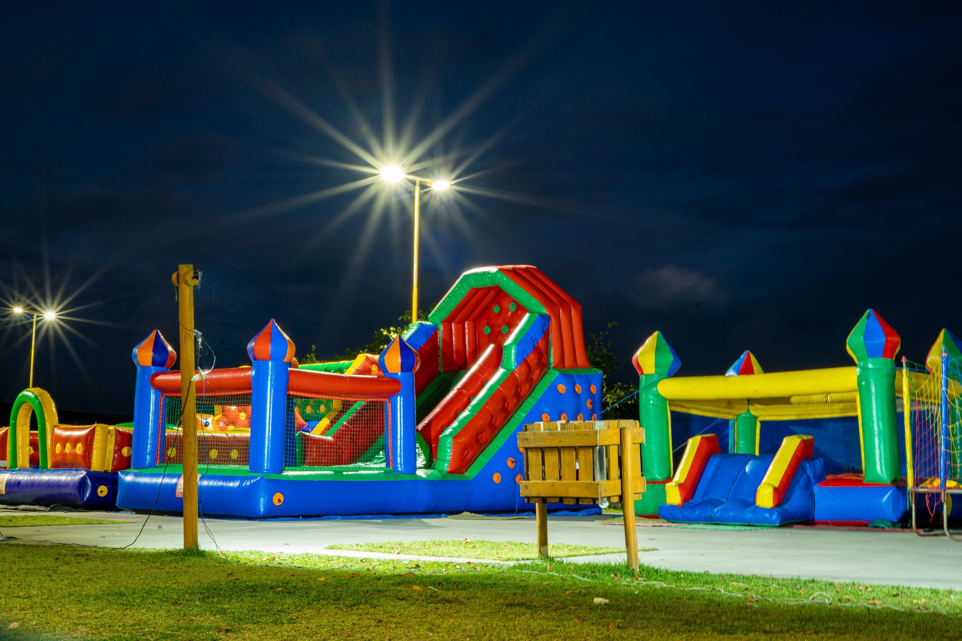 Vibrant Inflatable Playground at Night